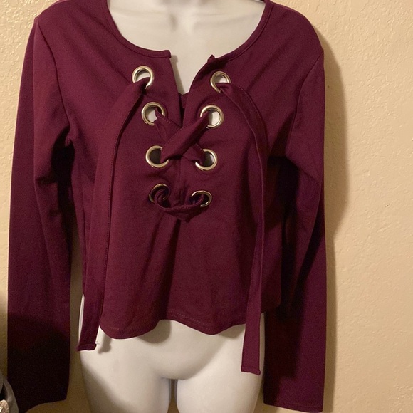 Rue 21 eggplant long sleeve top with large grommets lace up - Picture 2 of 5